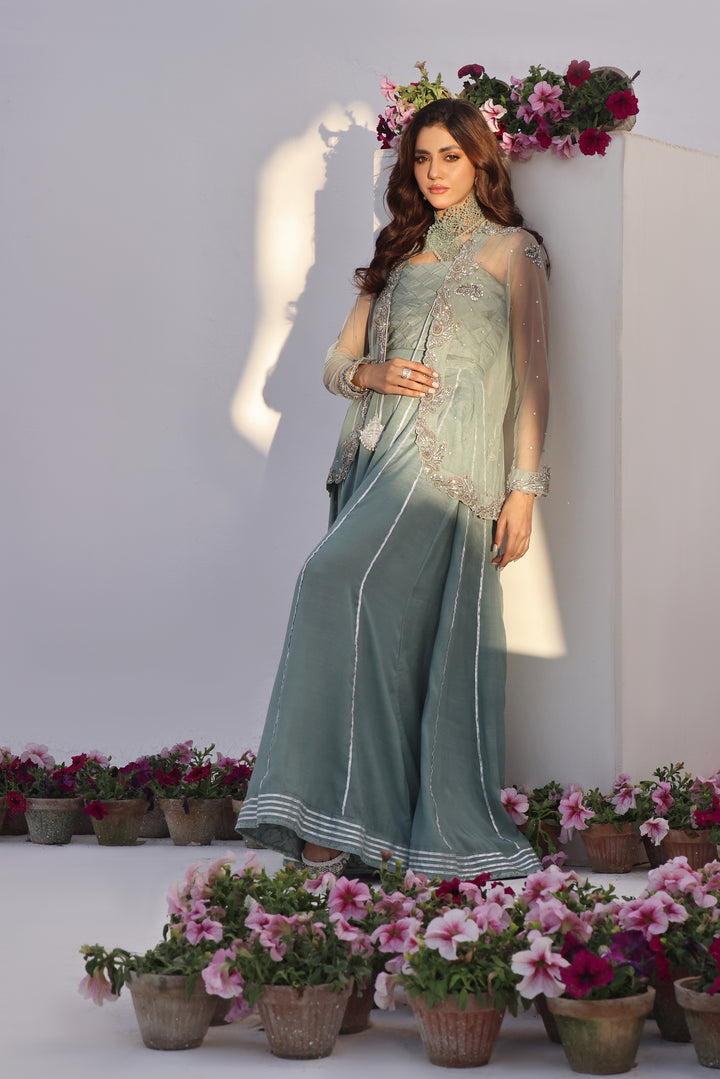  Dive into celestial allure with AASMANI This stunning ensemble features a kora net jacket adorned with exquisite diamante handwork and beauty.